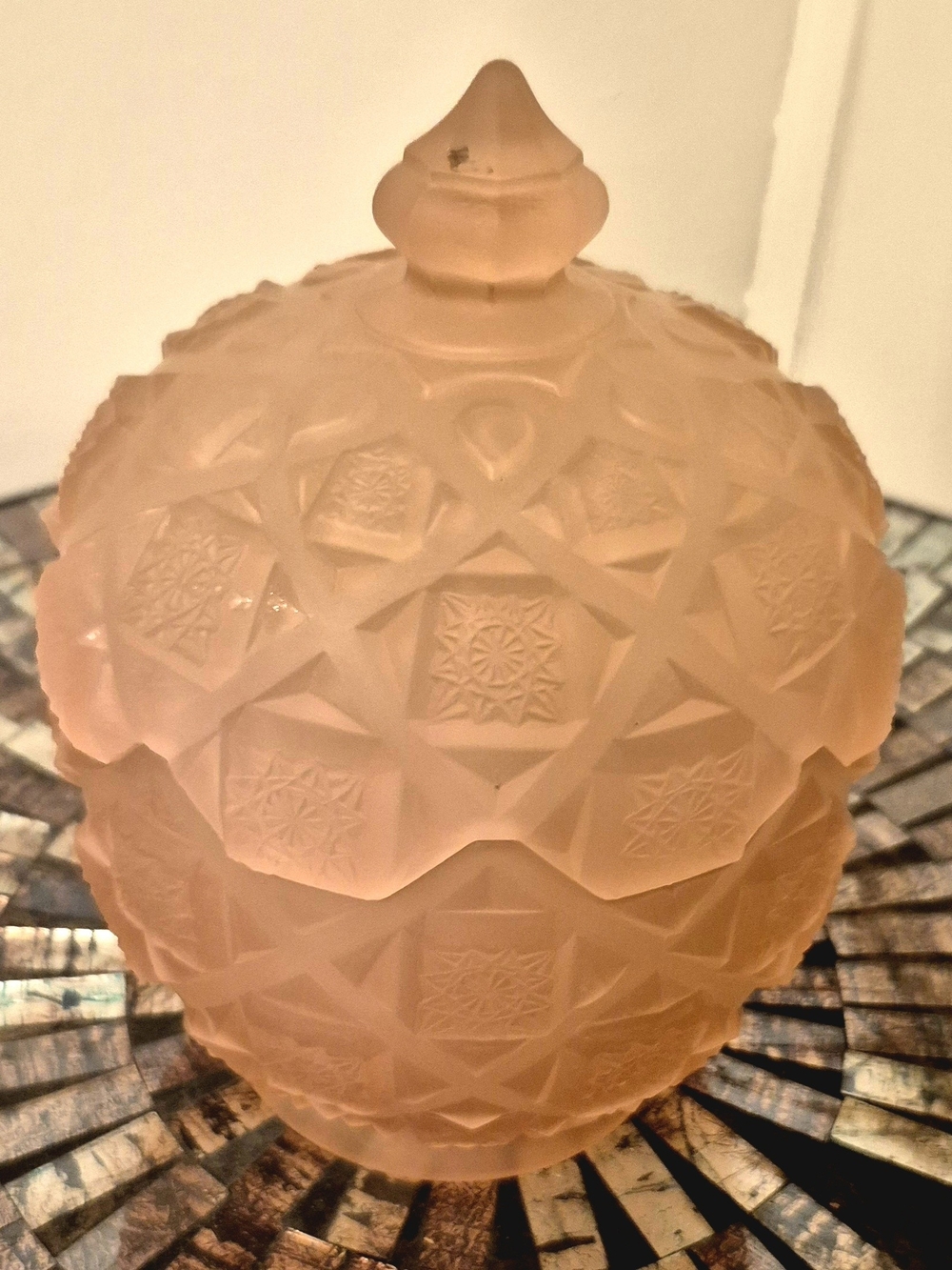 Vintage Pink Depression Glass Covered Candy Dish Geometric Floral Design 1950's